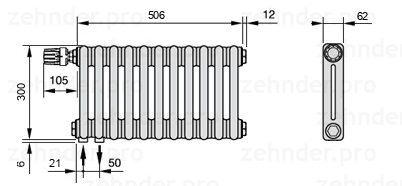 Схема (чертеж) Радиатор Zehnder Charleston 2030/11 №V001 Белый глянцевый RAL 9016